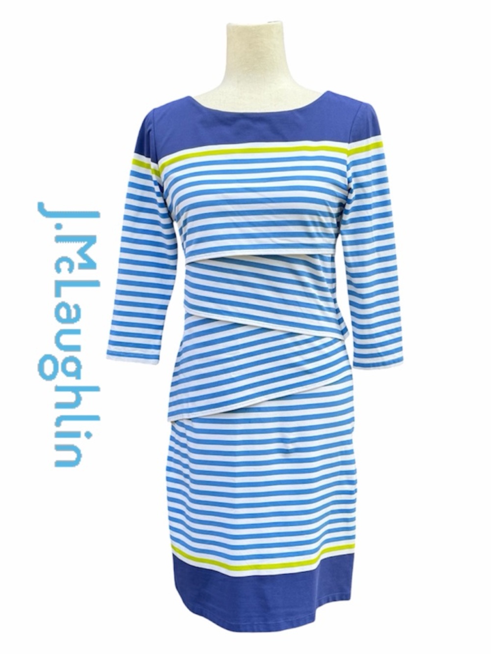 J. McLaughlin Blue, White & lime green Striped tiered dress nautical preppy S